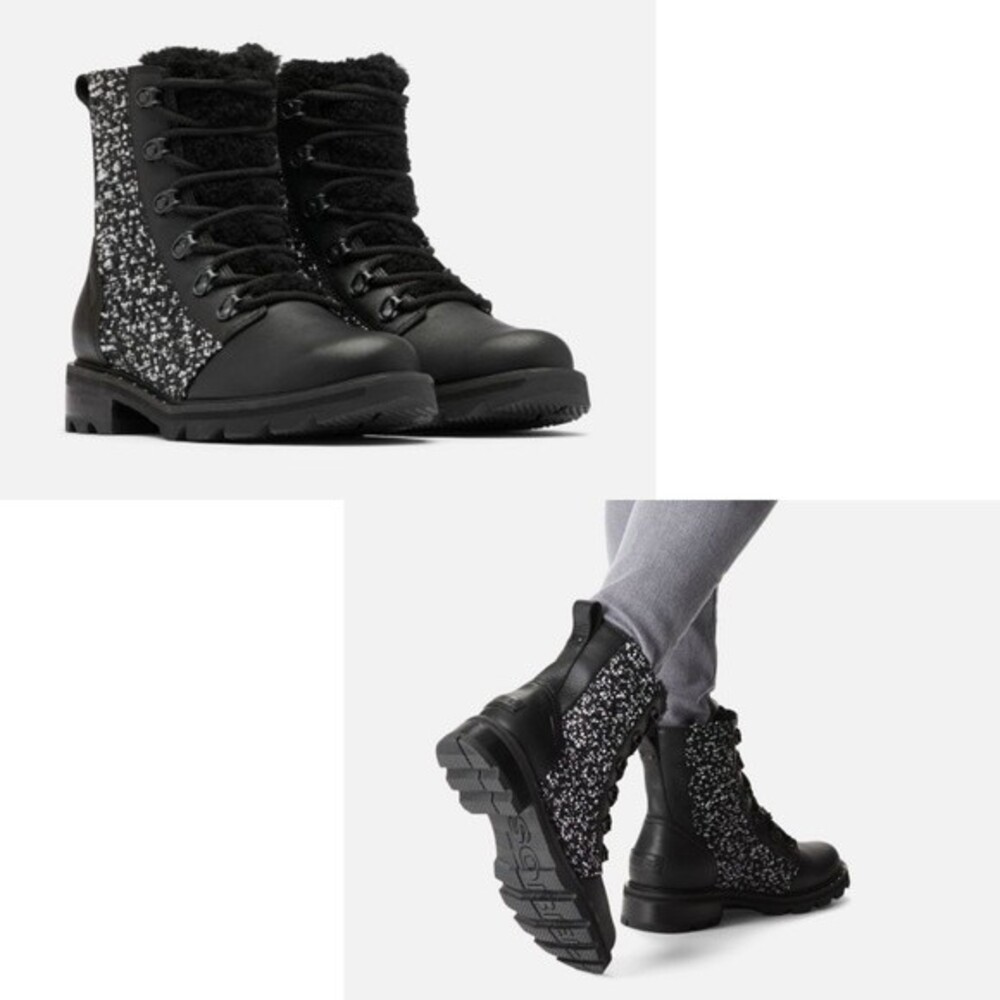 SOREL Lennox Genuine Shearling Waterproof Lace-Up Boot, Black/White, size 7.5